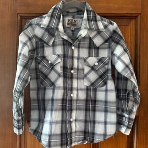 Ely Cattleman Pearl Snap Long Sleeve Shirt Boys 4 Black White Plaid Western